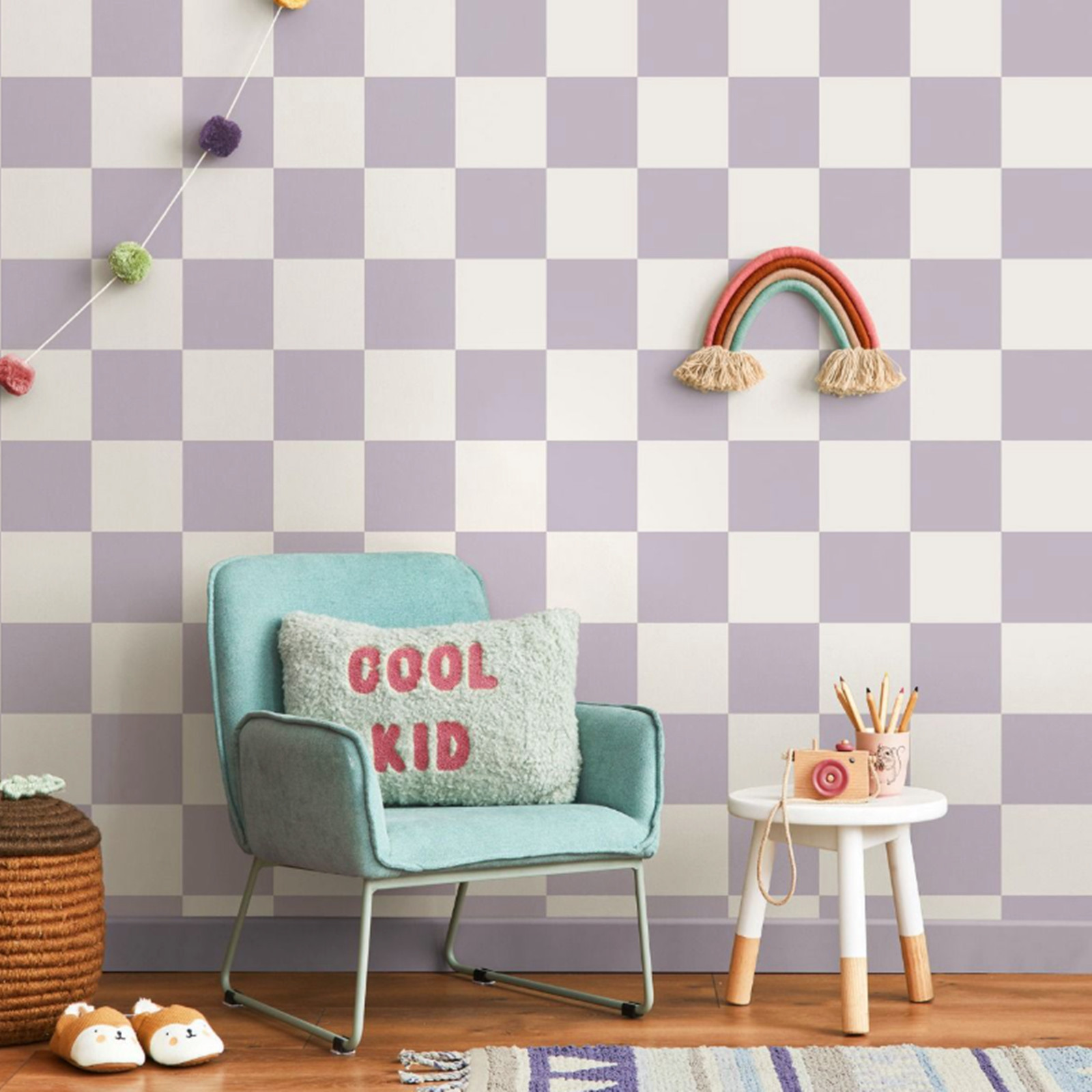 Lilac & White Check Wallpaper Smooth Flat Finish Feature Kids PlayRoom Bedroom