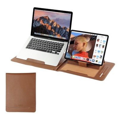 13-14 inch MacBook iPad Sleeve Stand Apple Pencil Holder (Brown)