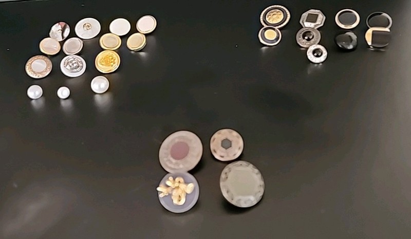 27 Unmatched Colored Shank Buttons. Various Sizes. 14 white, 9 Black, 4 Colored