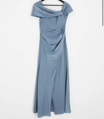 ASOS DESIGN satin bardot drape wrap maxi dress in dusky blue New Size uk8 |  eBay UK