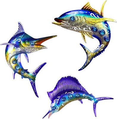 Metal Fish Wall Art Decor, 3-Piece Marlin Tuna Swordfish Set, Blue and Gold Trop