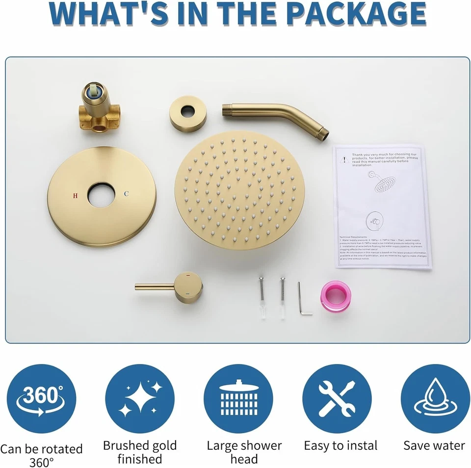 Juego de Grifo de Ducha Baño 8 Pulgadas Lluvia Ducha Cabezal y Manijas Juego Dorado Foto 4 de 4