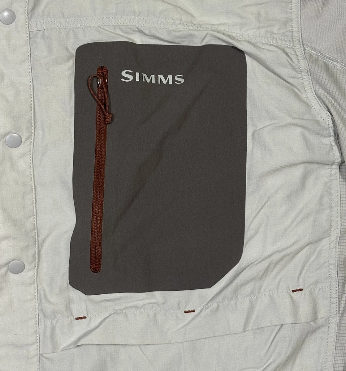 Camisa de Pesca Simms G4 TriComp Para Hombres XL Blanca Manga Larga Ventilación Cremallera Bolsillo Exterior