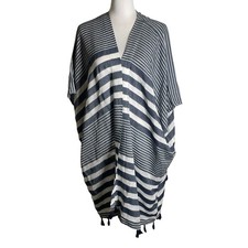 Loft kaftan Kimono Women White Blue Striped Pattern Open Front Tassel Hem Casual