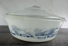 Glasbake Currier & Ives Farm Scene 2 Qt Casserole Dish Vintage Milk Glass