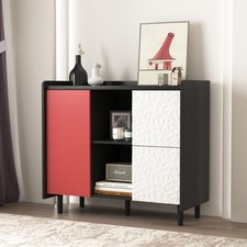 Sideboard Buffet Cabinet, Black Storage Cabinet with Red Doors , 2 Drawers with