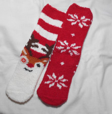 Soft Christmas Gripper Socks, Adult. 2 PAIRS. size 4-8. Reindeer, Snowflakes