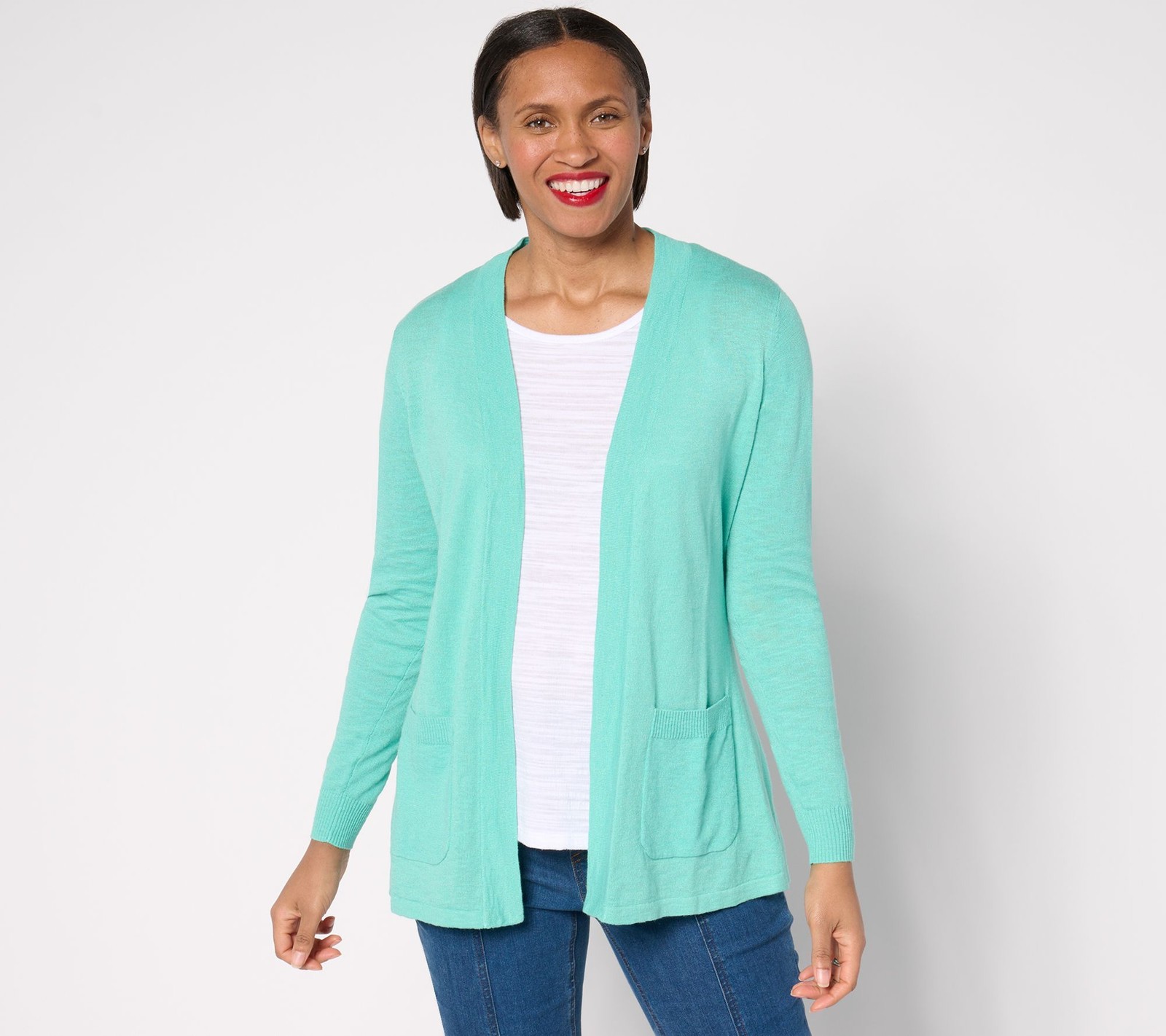 Denim & Co. Women's Top Sweater Sz M Beach Regular Open Front Tunic Blue A682229