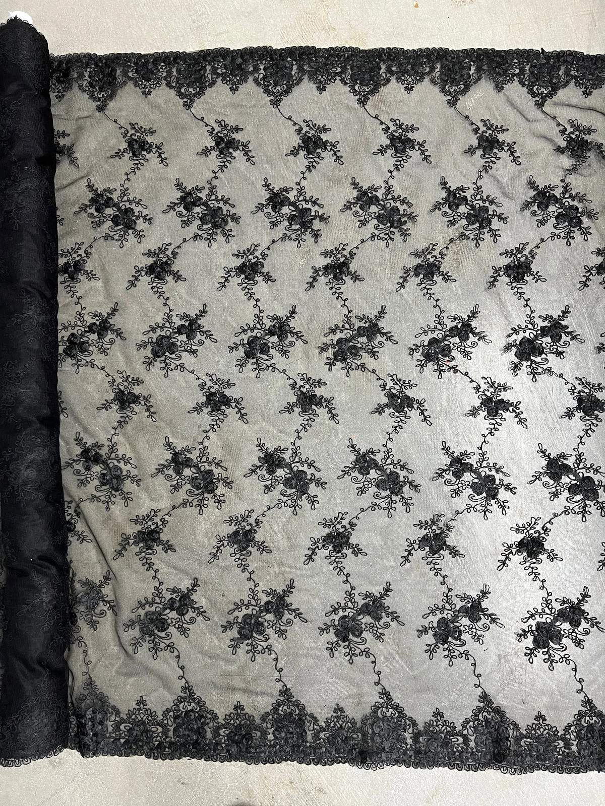 Andrea BLACK 3D Floral Matte Corded Embroidery on Mesh Lace Fabric by the Yard 