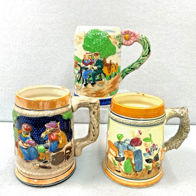 German Ceramic Beer Steins Relief Bicycle Pink Flowers Pub Scenes Lot of 3 E