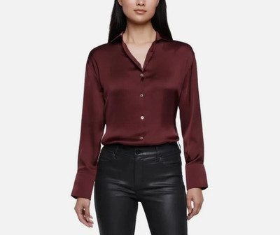 Express Women's shirt Dark Red Button Down Satin V-Neck Long Sleeves Relaxed Fit