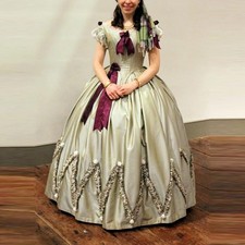 Sage Green Victorian Ball Gown Bow Decor Vintage 1860s Historical Party Dress