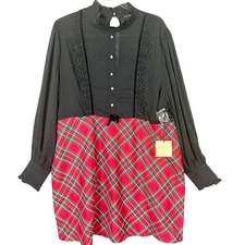 Smak Parlour Plus Size Dress 2X/18 RETRO 60s INSPIRED Red Plaid & Black Lace L/S