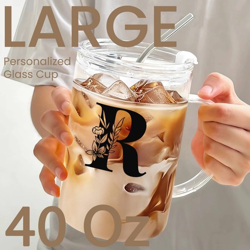 Initial Extra Large Glass Drinking Cup With Lid Straw Comfort Gifts For Woman... - Picture 2 of 6