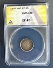 1905 Silver Barber Dime 10c - ANACS EF45 XF45