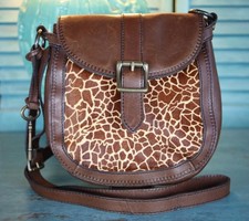 FOSSIL Revival Purse Crossbody Leather Brown Calf Hide w/Giraffe Print Brass Key