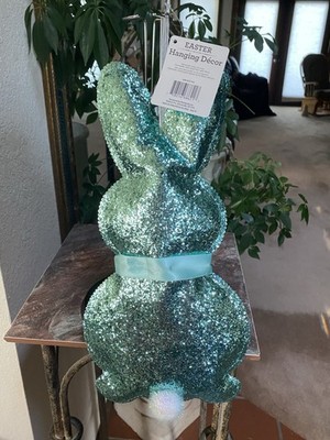 NWT Glitter  Aqua Bunny Tail Backside Easter Door Wall Hanging Decor Sign 15''