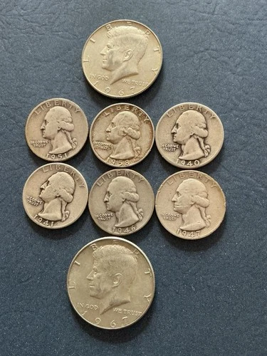 1940-58 Washington Quarters 90% Silver Lot Of 6 & 67 Kennedy 50 C 40% Silver AU
