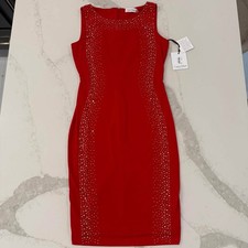 Calvin Klein NWT Silver Studded Panel Stretch Sheath Dress Women's 4 Red Formal
