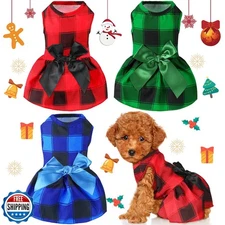 Frienda 3 Pieces Christmas Plaid Dog Dresses with Bowknot Buffalo