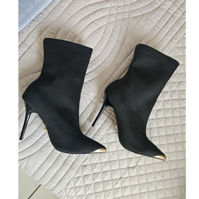 Versace Black Gold Sock Ankle Boots Pointed Toe Metallic Lion Head Accent Women