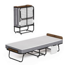 Folding Bed with 5" Mattress Wooden Headboard Side Pocket Cot Size Portable B...