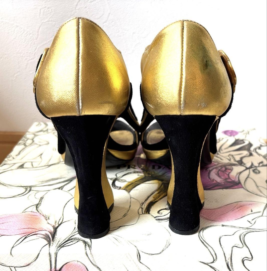Rare PRADA Gold Black Open Toe High Heel Sandals Size 35.5 (US 6.5) image 5