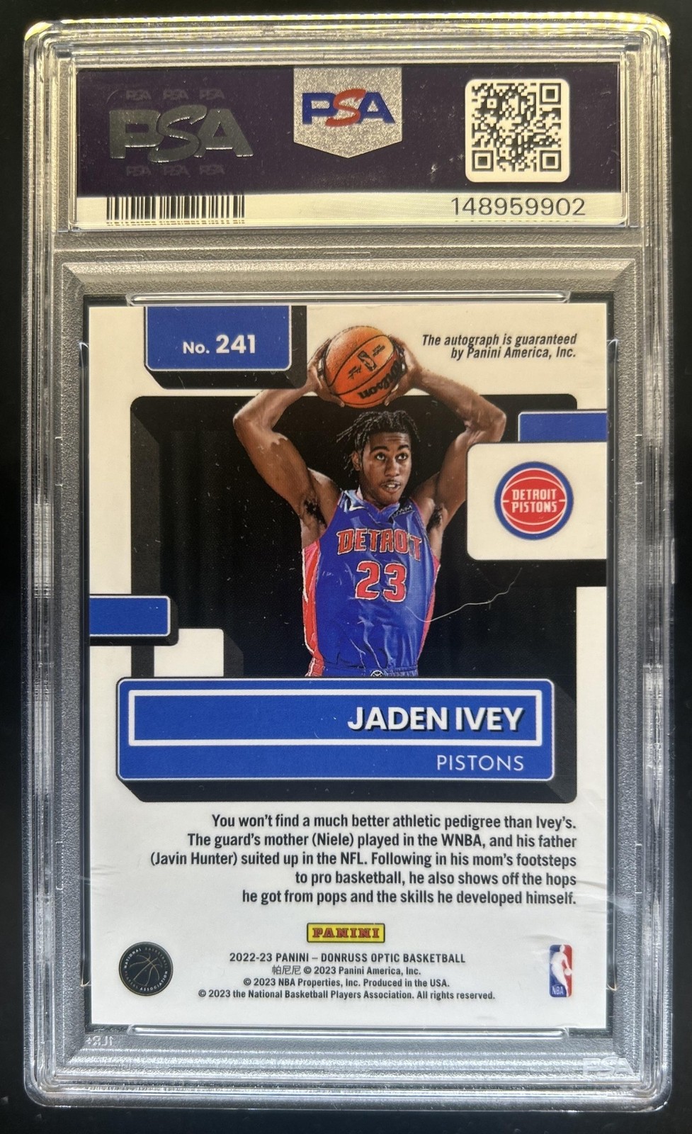 2022-23 Panini Donruss Optic Jaden Ivey Rated Rookie RC Auto #241 Pistons PSA 8 view 2