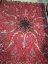 Antique ORIGINAL JACQUARD WOVEN WOOL PAISLEY THROW/CLOTH RED/BLACK CENTER 71X60