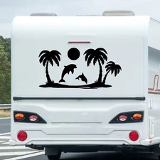 Palm Trees Beach Scene Vinyl Decal V9 | Seagulls Dolphins Sunset RV | Sticker
