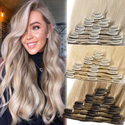 Thick Clip In Hair Extensions Remy Human Hair Full Head Double Drown #GREY 24''