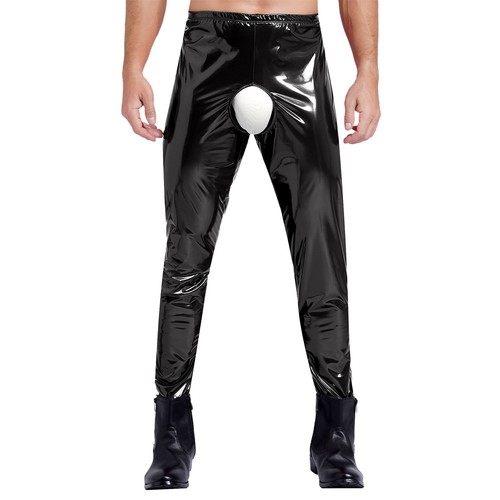 Men's Leather Skinny Pants Zipper Crotch Leggings Tight Motorcycle Biker Pants - Picture 39 of 60