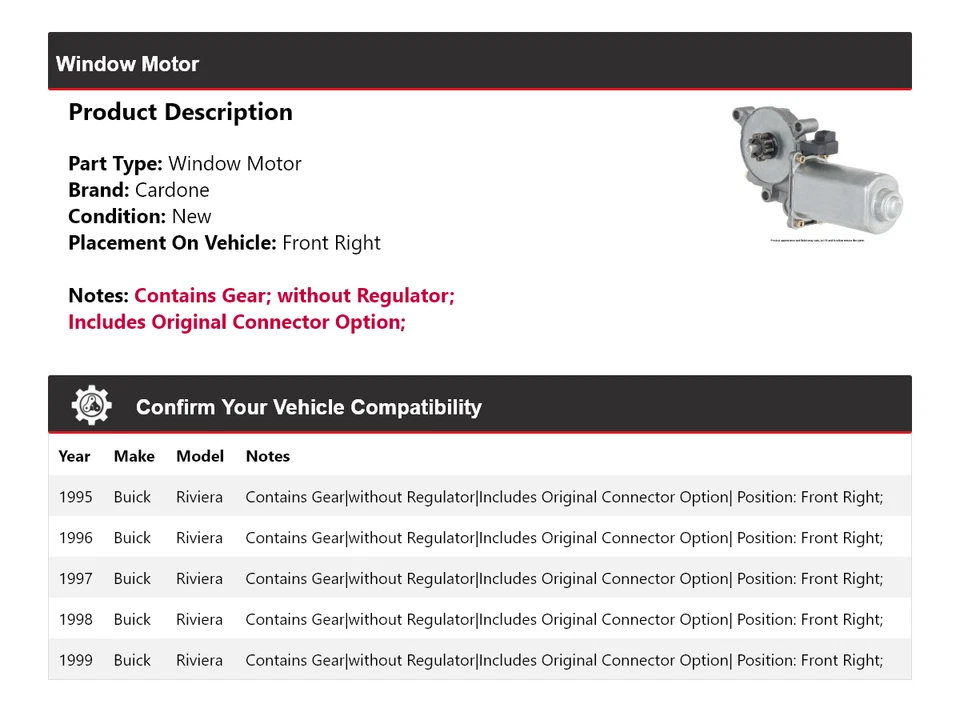 For 1995-1999 Buick Riviera Window Motor Front Right Cardone 1996 1997 1998 - Image 2 of 4