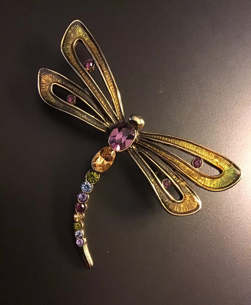 Signed MONET Dragonfly Brooch Pin Multi Color Rhinestone Guilloche