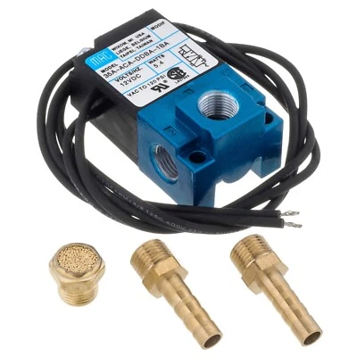 MAC 3 Way Solenoid Poppet Valve 12V DC Flat Silencer 6mm Barbed Connector 1/8" BSP