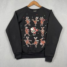 Vintage Christmas Sweatshirt Adult Large Black Reindeer Puff Print Santa Holiday