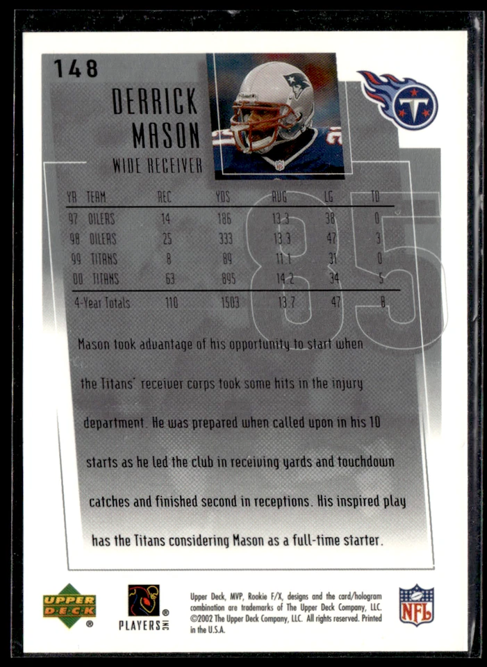 2001 Upper Deck Rookie F/X - Derrick Mason #148 - Image 2 of 2