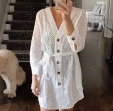 ZARA Women S Eyelet Embroidered Short Belted White Button DownShirt Linen Dress