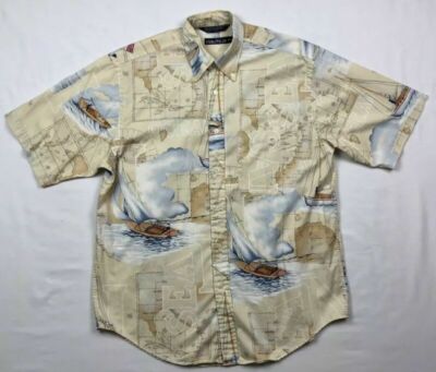 Vtg Nautica Mens Button Down Shirt Medium All Over Print Sea Sport Ocean D3