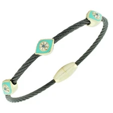 Stainless Steel White Crystals Black Strap Blue Evil Eye Hamsa Bracelet