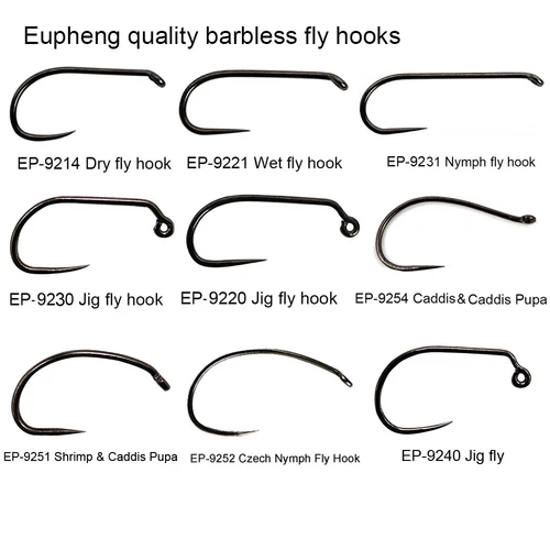 Eupheng 50pc Competition Barbless Fly Fish Hook Tying Dry Nymph Shirmp Caddis