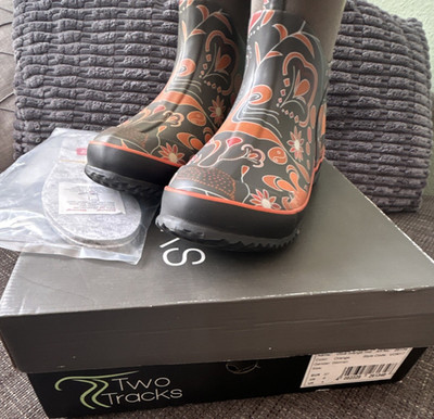 Two Tracks Damen Gummistiefel Blumenmuster grau orange wasserdicht Größe 37