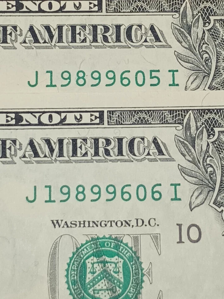 2-1995 $1 J KANSAS CITY BEP J-I BLOCO NÚMEROS DE SÉRIE SEQUENCIAIS (605)-(606)UNC - Imagem 4 de 4