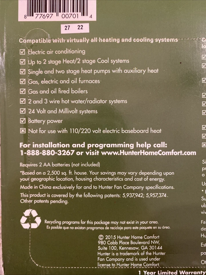 Hunter Home Universal 44378 Digital 7 Day Programmable Thermostat White - Image 4 of 4