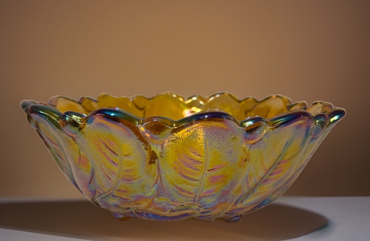 Antique Northwood / Fenton Era Leaf & Beads – Marigold Carnival Glass Bowl