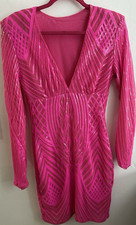 SHEINSXY Pink Sequin Mesh Bodycon V-Neck Long Sleeve Mini Dress Women L