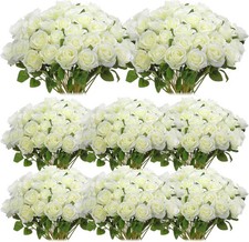 Hotop 80 Pcs Rose Artificial Flowers Bulk with Long Stem, Silk Roses White