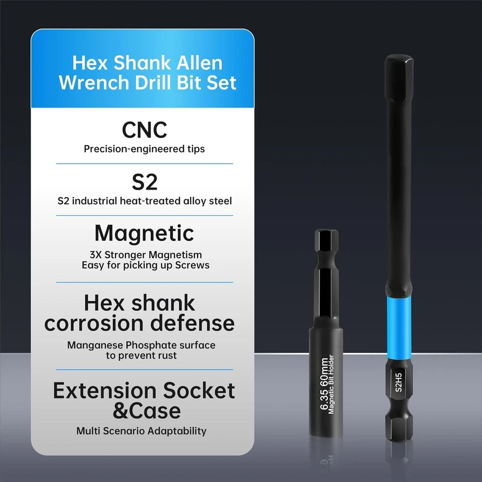 Allen Wrench Drill Bit Set 1/4" Hex Shank - 20PC Metric & SAE Impact Blue - Image 3 of 4