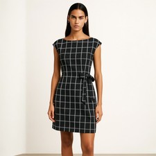 Ann Taylor LOFT Women Black White Plaid Cap Sleeve Tie Mini Sheath Dress Size 4