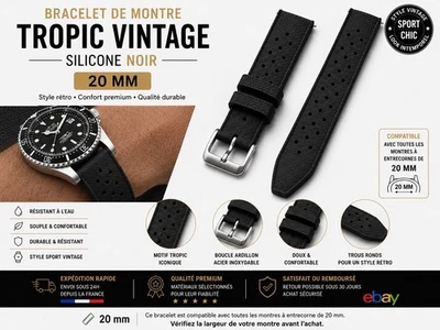 Bracelet de montre silicone Noir style tropic vintage dégagement rapide 20 MM - Photo 1/2